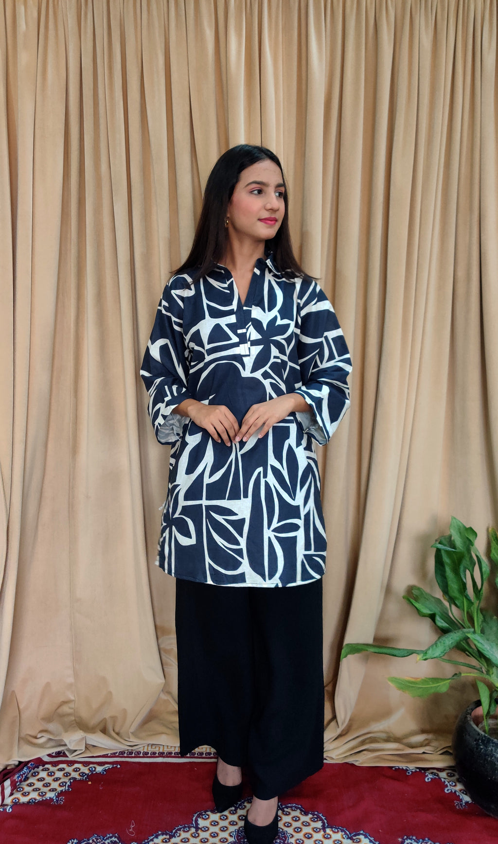 Navy Blue Leaf Print Women’s Top | Casual & Chic One Piece