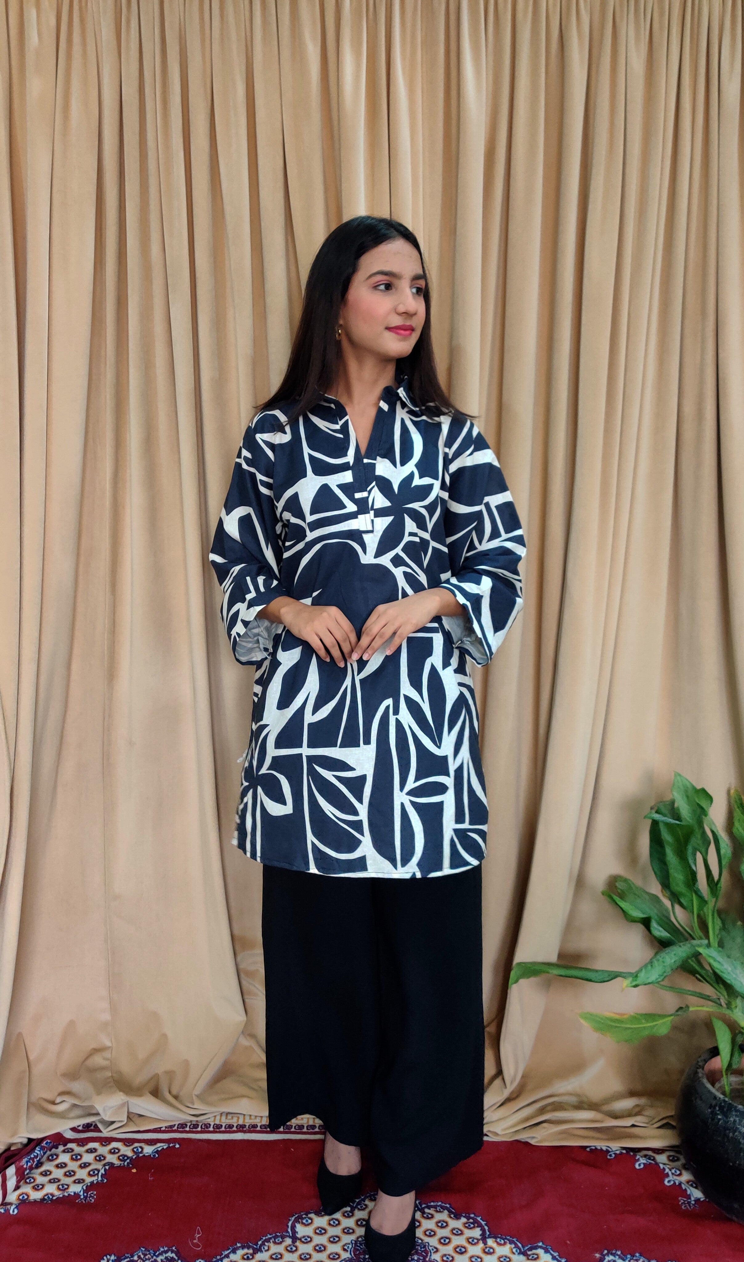 Navy Blue Leaf Print Women’s Top | Casual & Chic One Piece