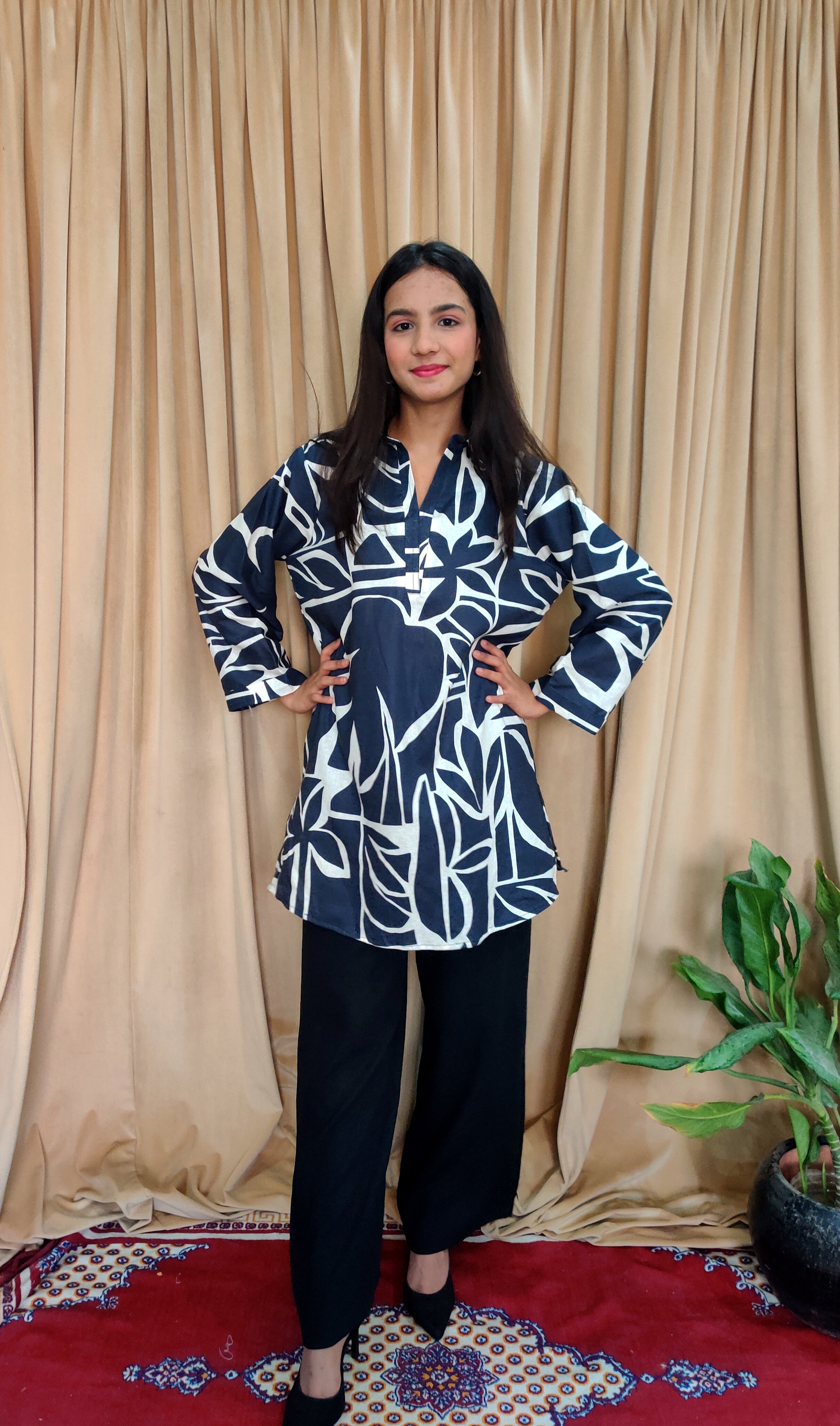 Navy Blue Leaf Print Women’s Top | Casual & Chic One Piece