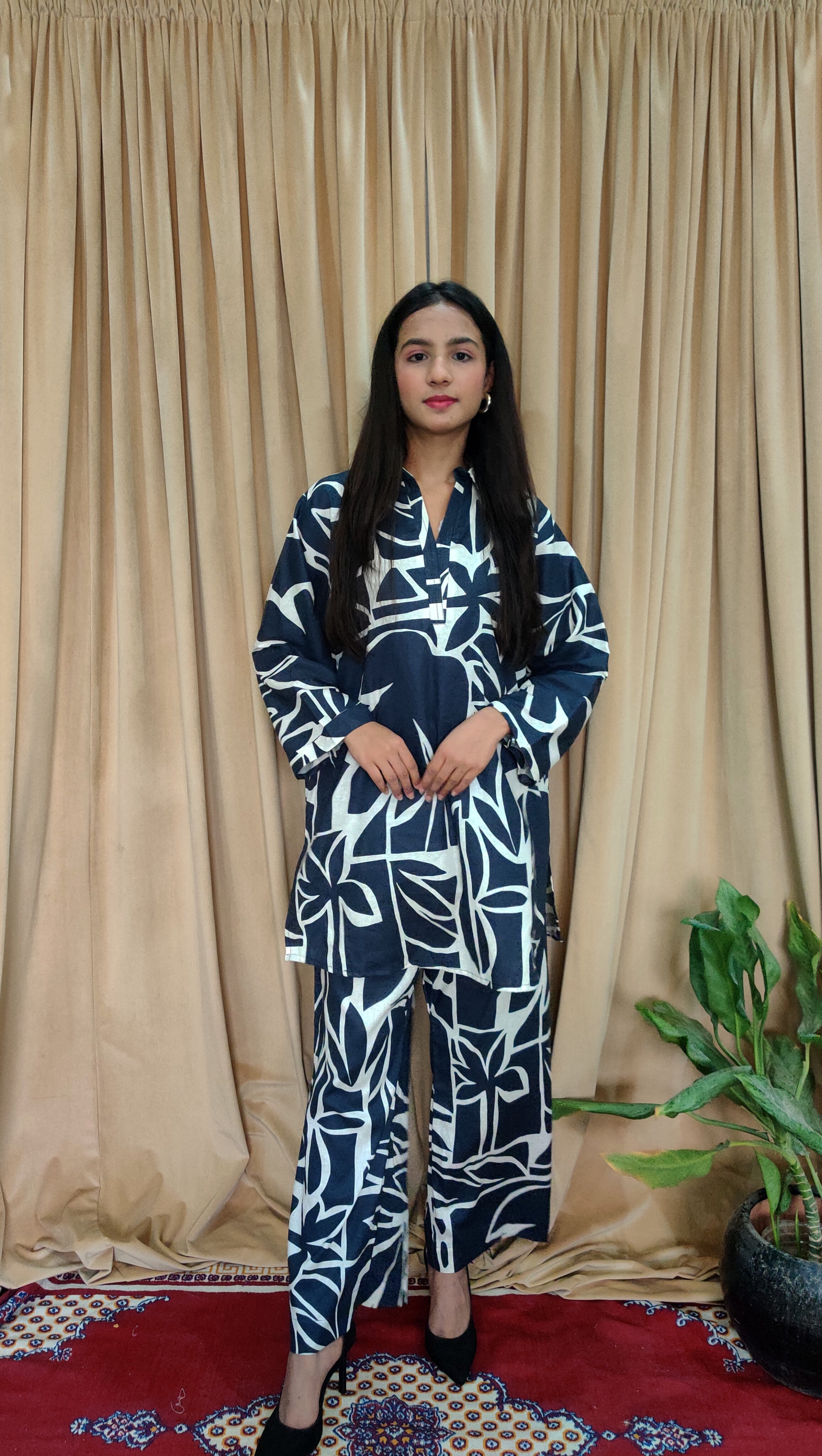 Navy Blue Leaf Print Co-ord Set | Stylish Casual Wear for Women