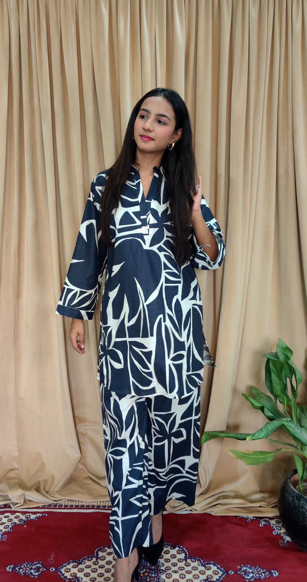 Navy Blue Leaf Print Co-ord Set | Stylish Casual Wear for Women