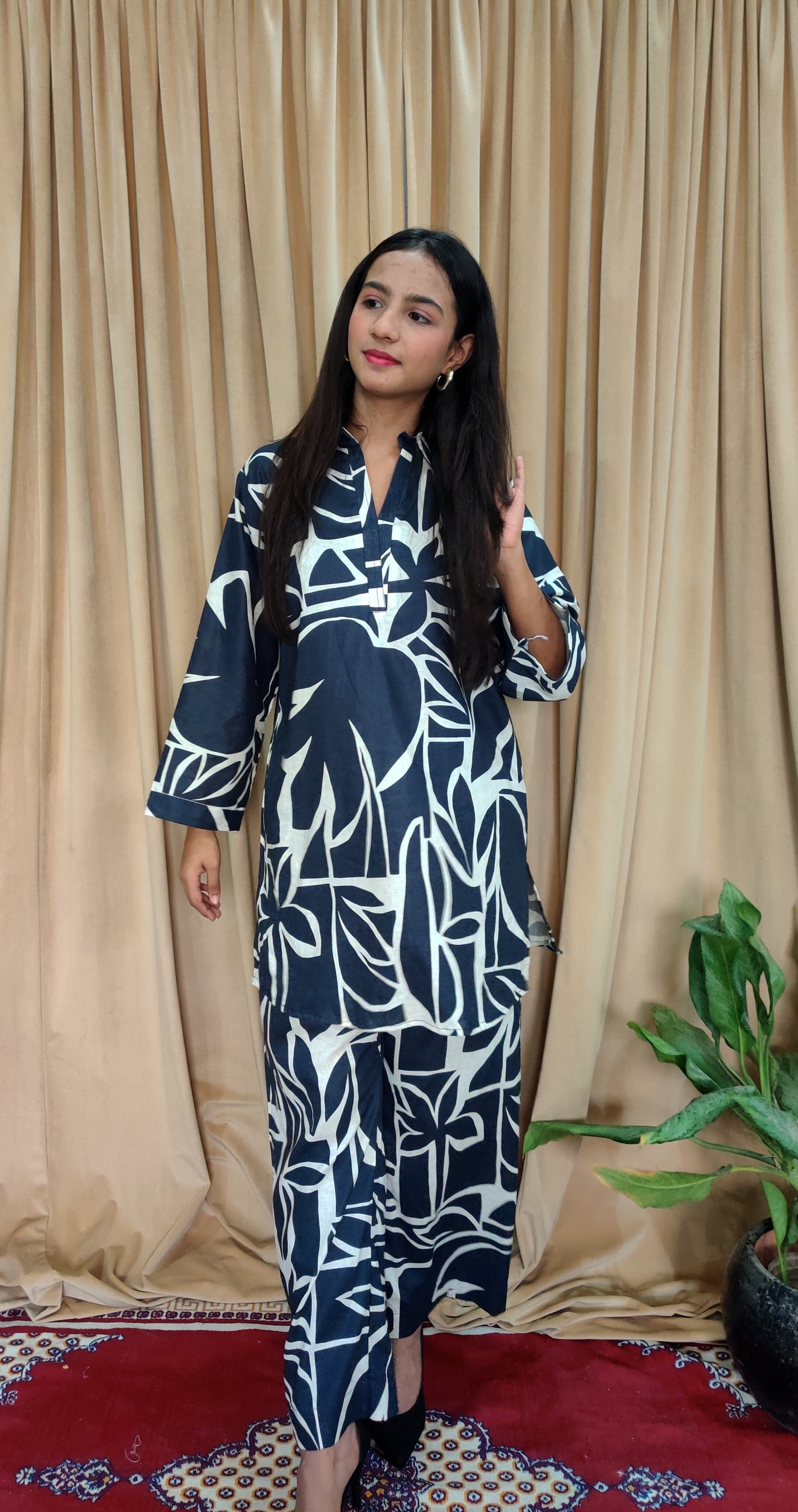 Navy Blue Leaf Print Co-ord Set | Stylish Casual Wear for Women