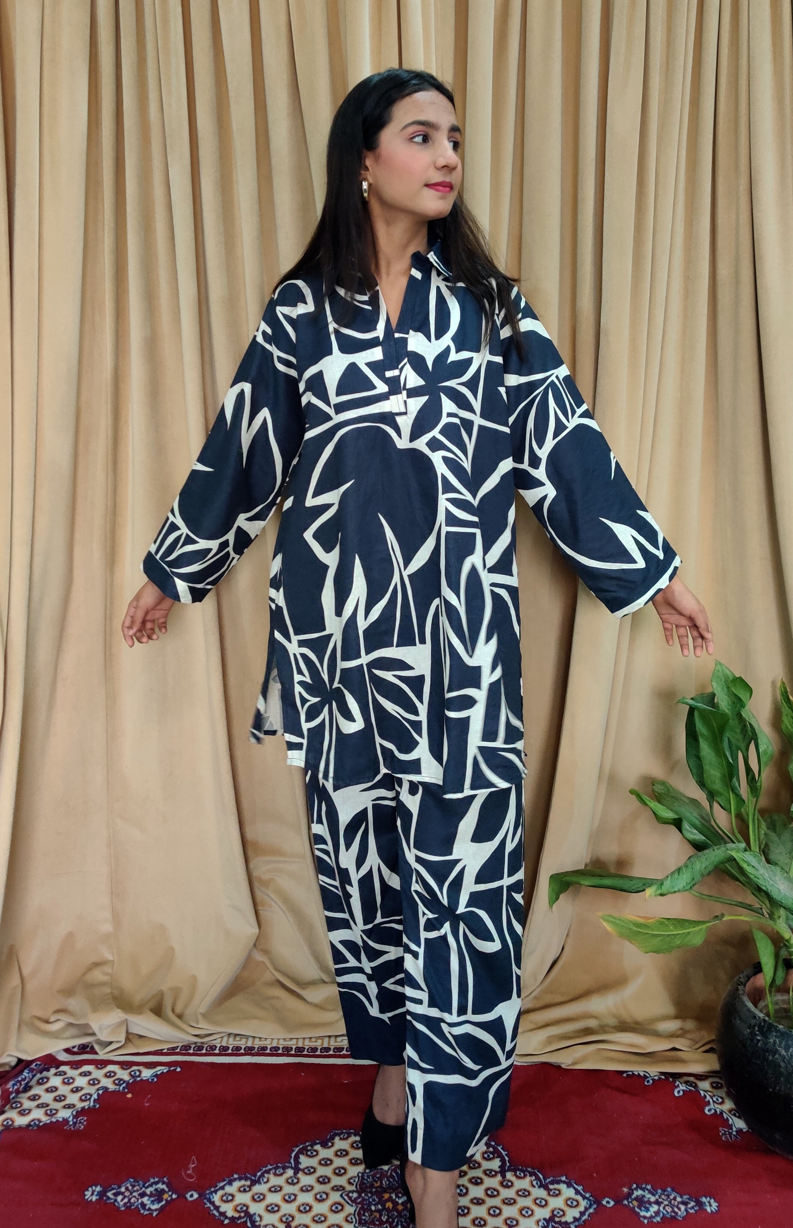 Navy Blue Leaf Print Co-ord Set | Stylish Casual Wear for Women