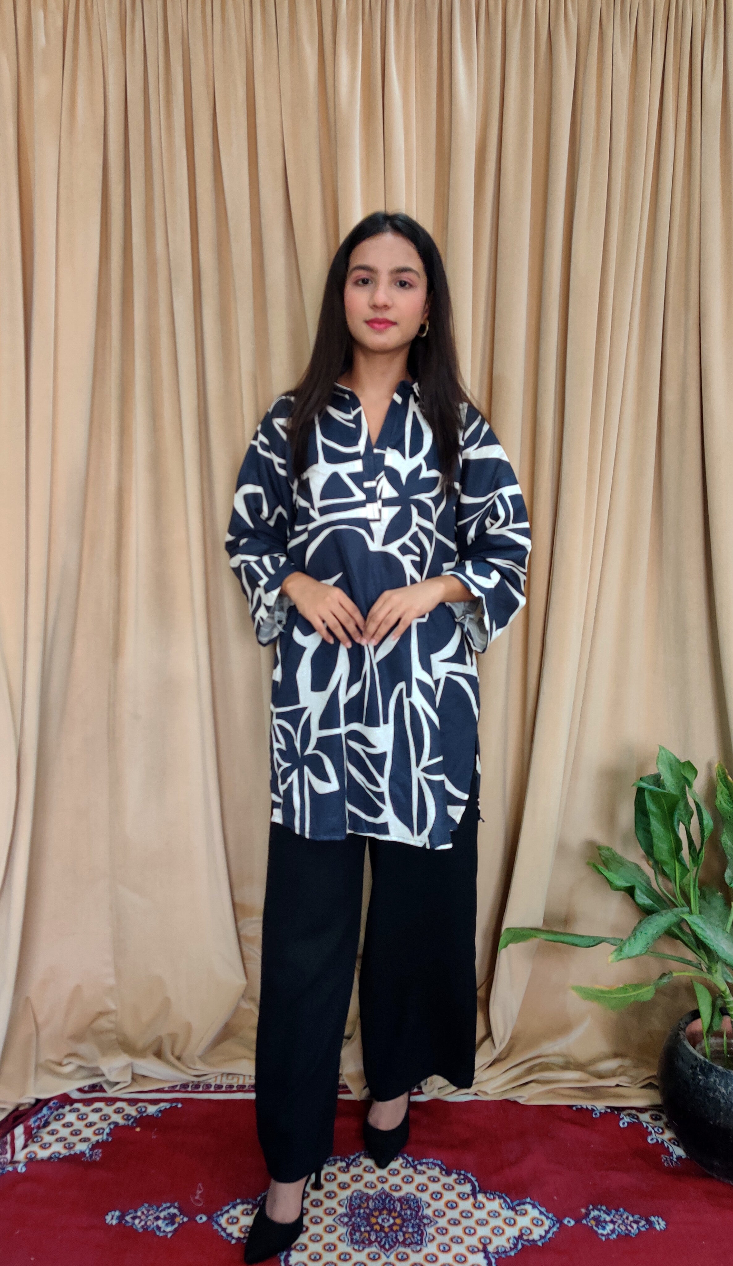 Navy Blue Leaf Print Women’s Top | Casual & Chic One Piece