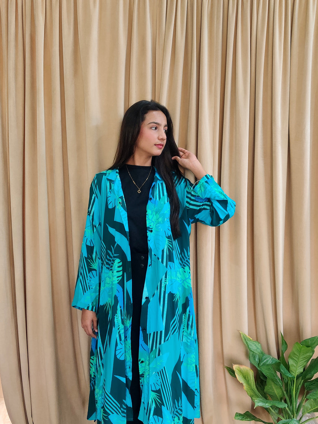 Women’s Tropical Printed Long Gown with Pocket – Button Down