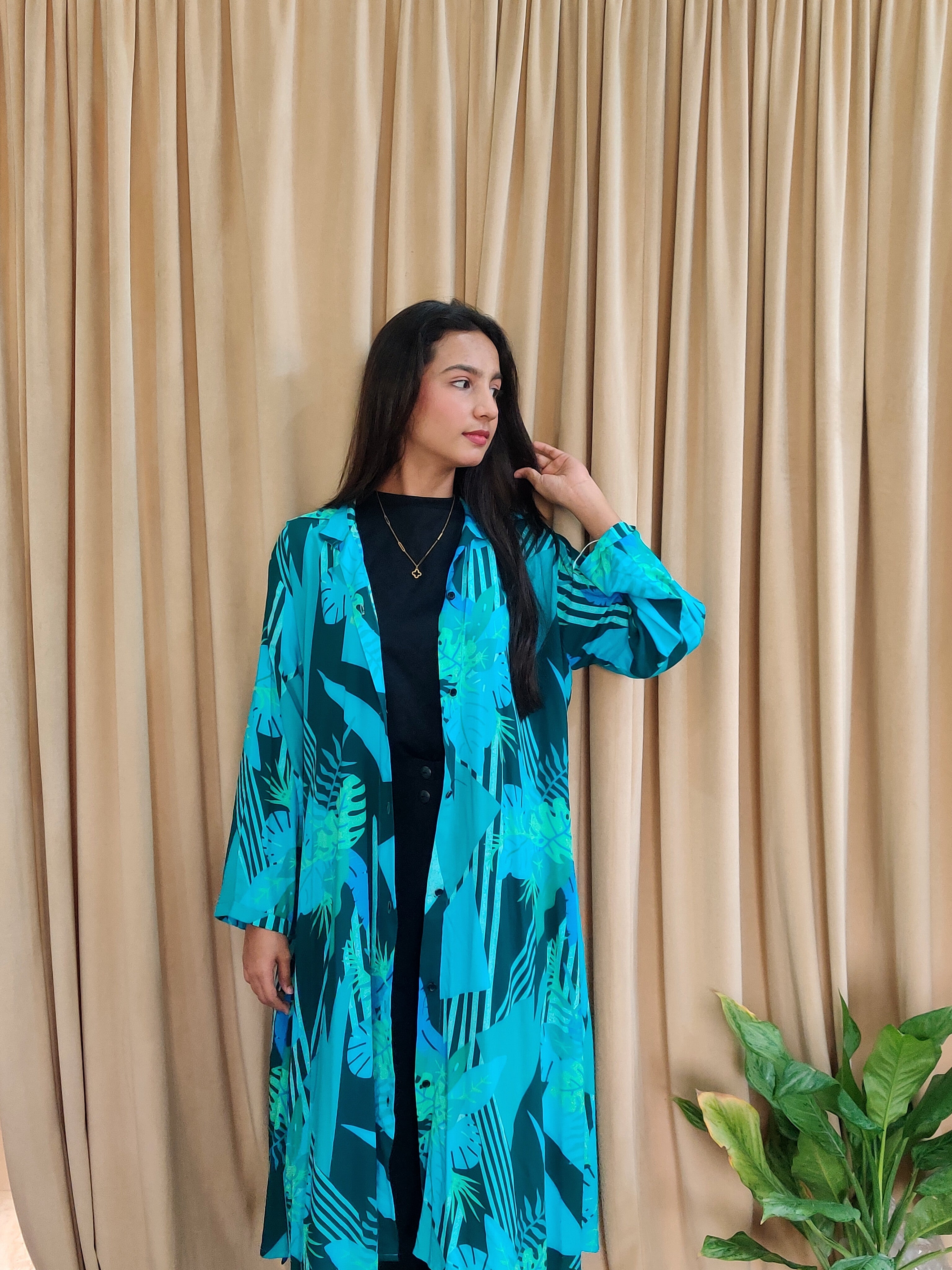 Women’s Tropical Printed Long Gown with Pocket – Button Down