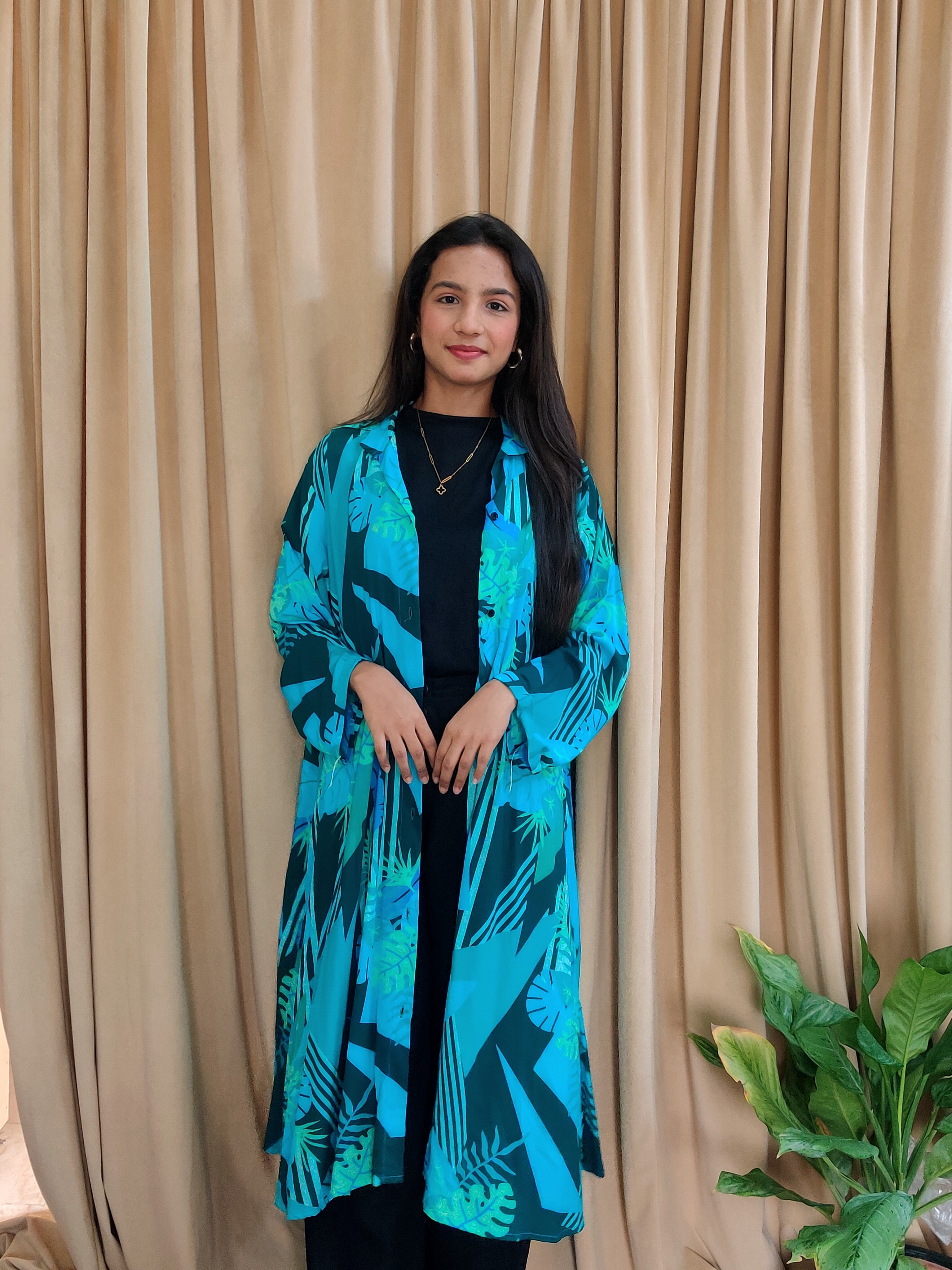 Women’s Tropical Printed Long Gown with Pocket – Button Down