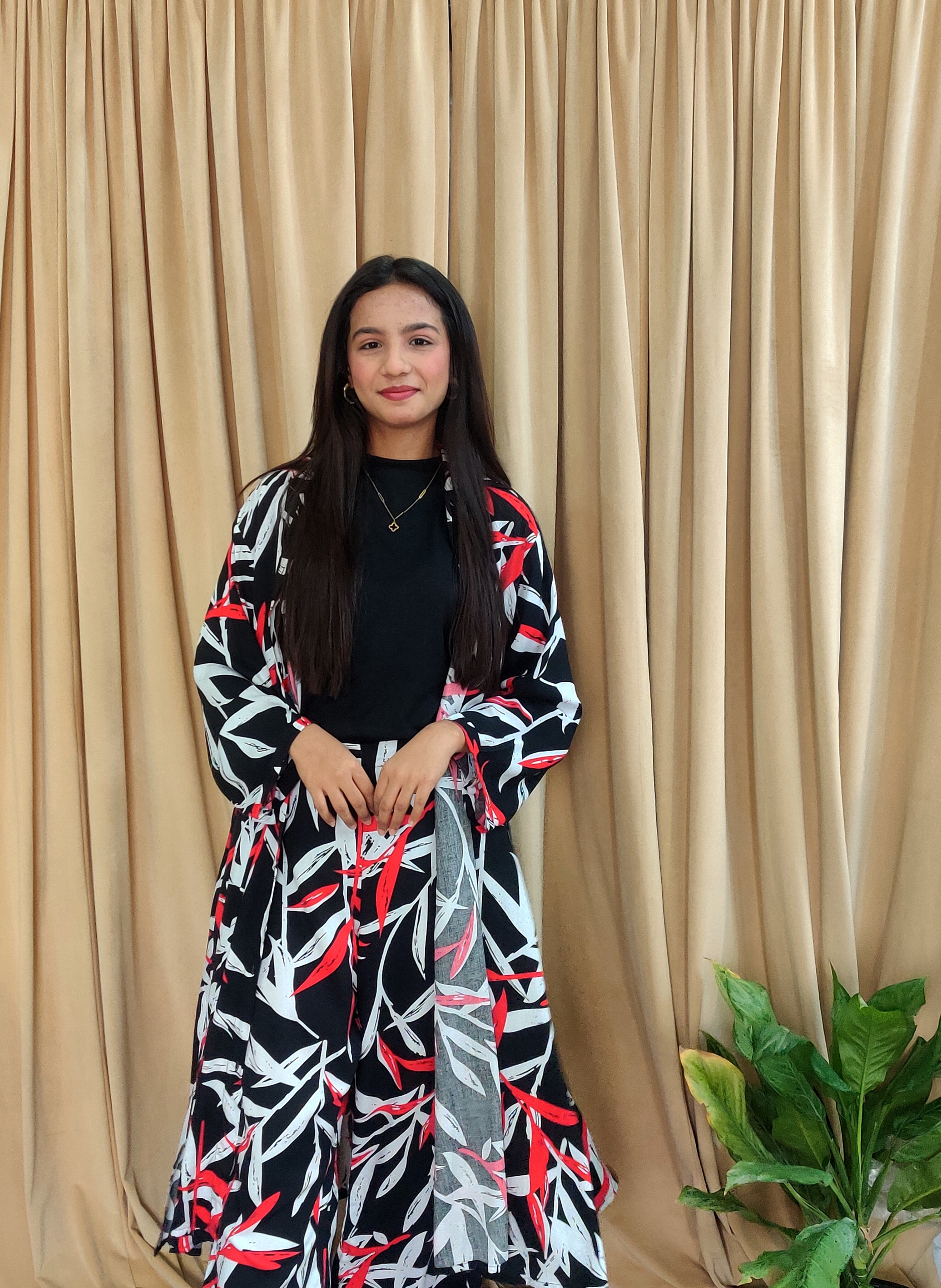 Women’s Two-Piece Printed Gown & Trouser Set – Black, Red & White