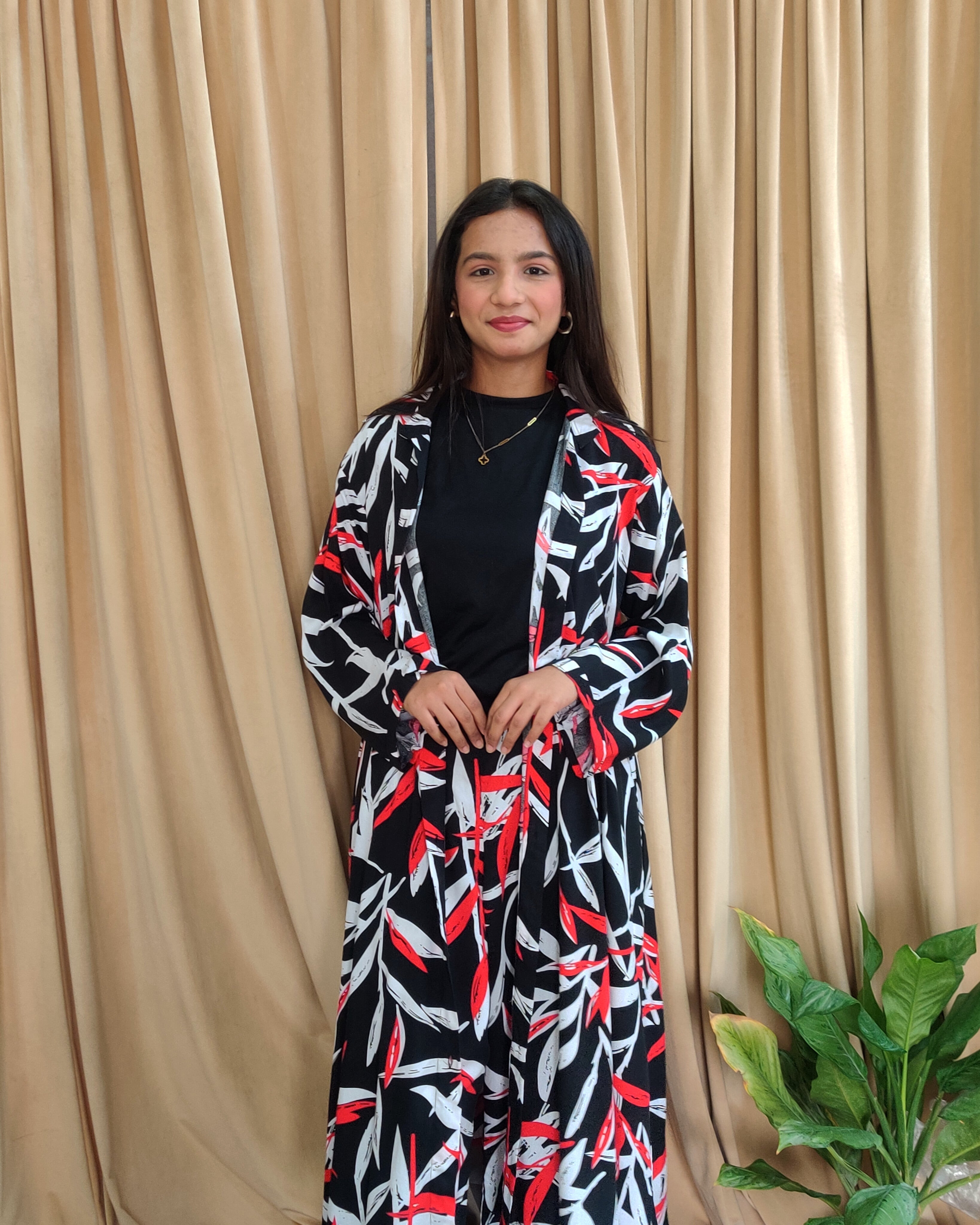 Women’s Two-Piece Printed Gown & Trouser Set – Black, Red & White