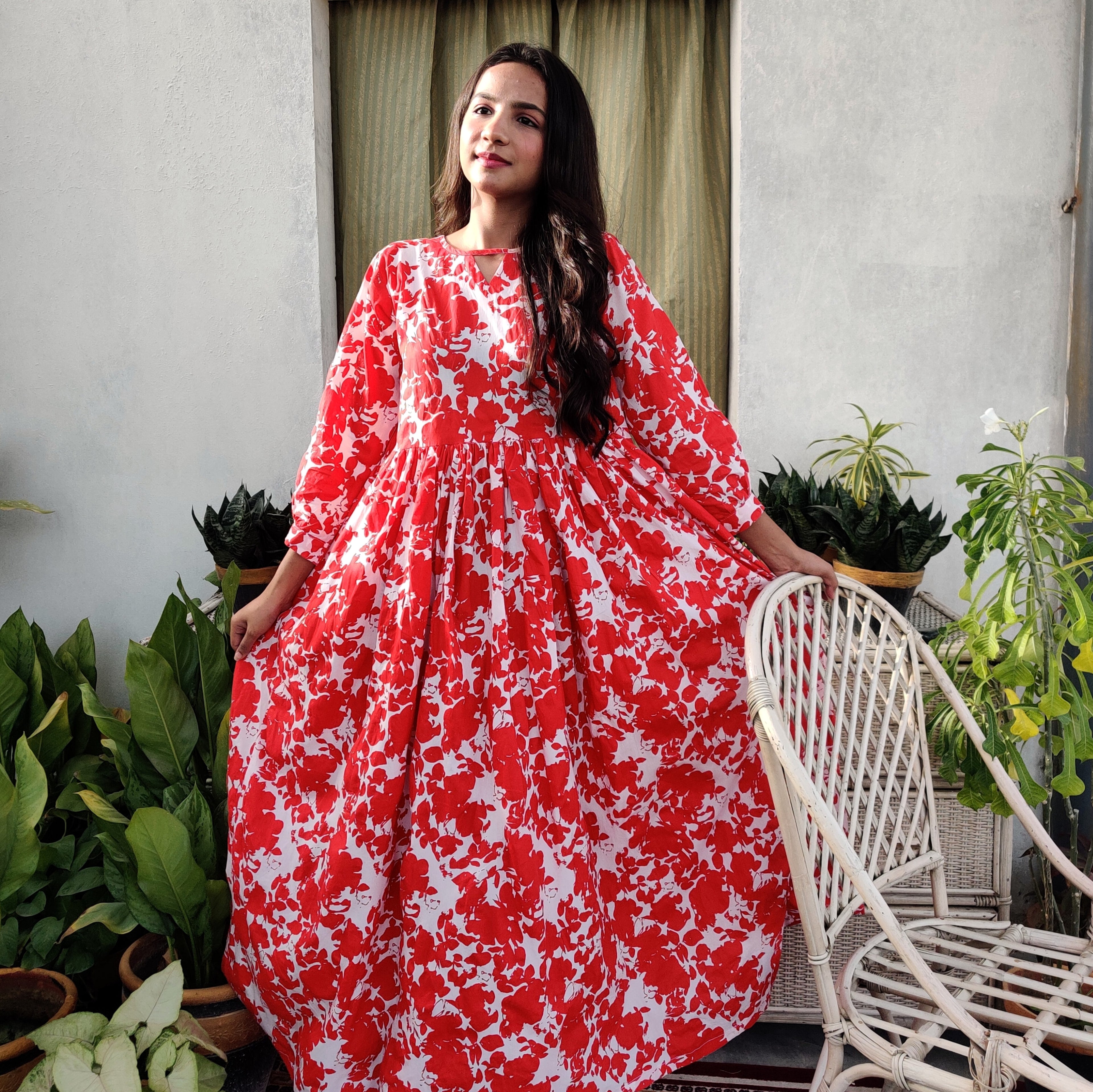Red & White Floral Maxi Dress – Breezy  Flow Edition