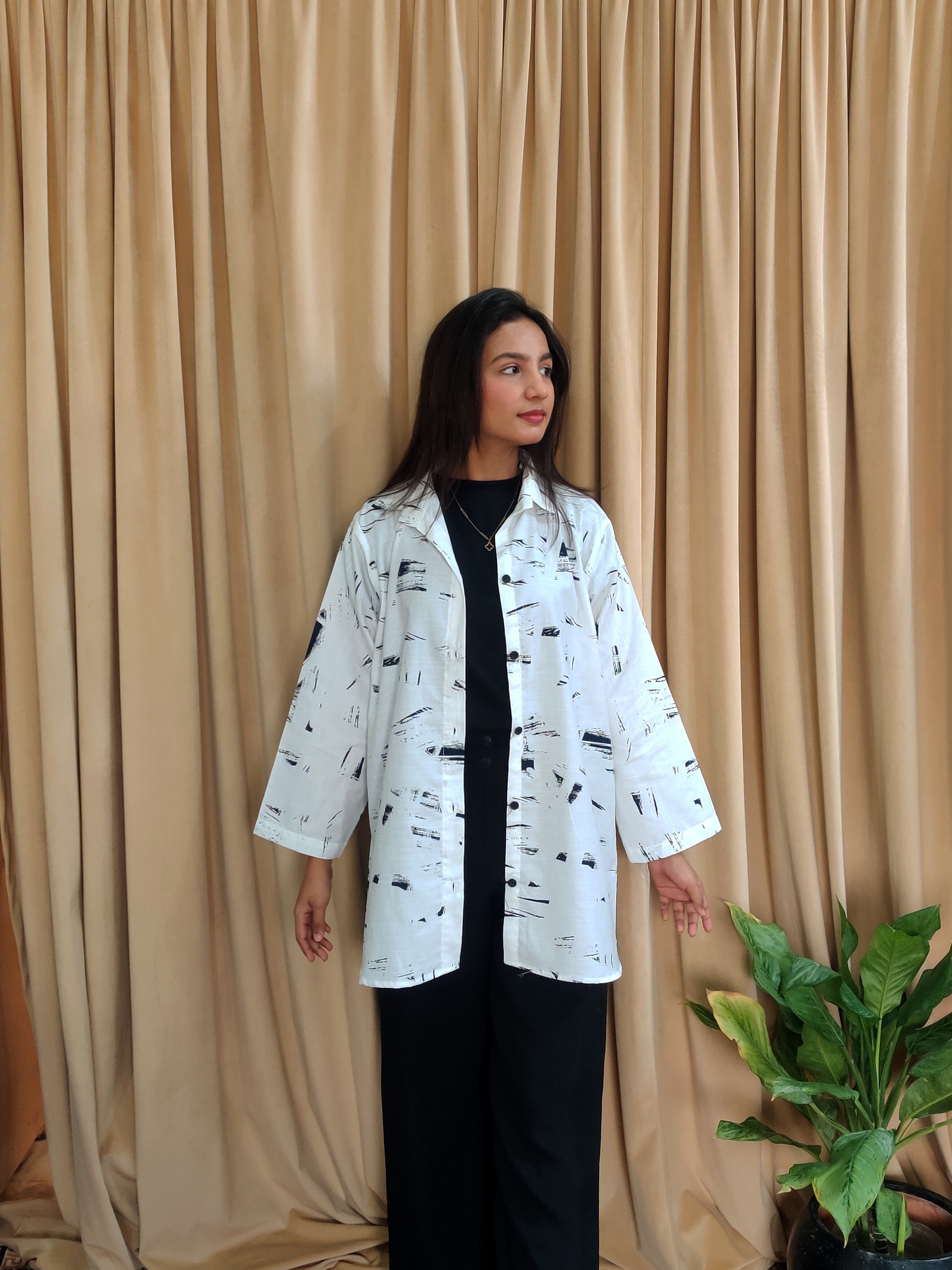 Women’s White Button Down Shirt with Print